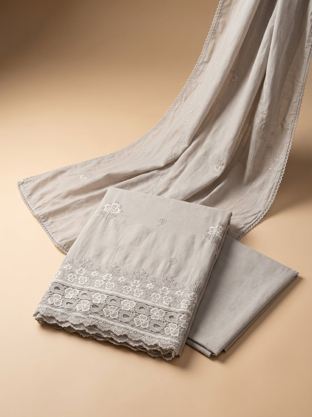 Mouse Embroidered Cotton Blend Unstitched Suit &amp; Pant With Cotton Dupatta
