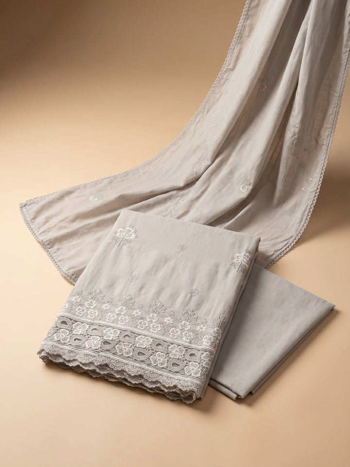 Mouse Embroidered Cotton Blend Unstitched Suit &amp; Pant With Cotton Dupatta