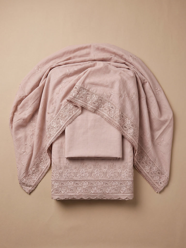 Peach Embroidered Cotton Blend Unstitched Suit &amp; Pant With Cotton Dupatta