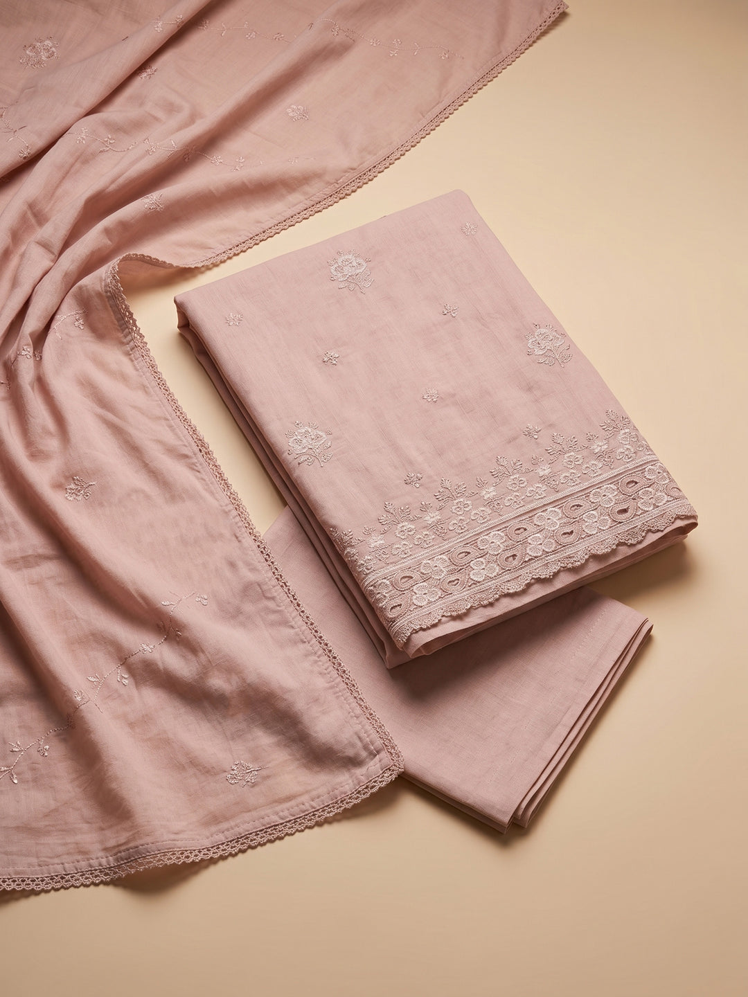 Peach Embroidered Cotton Blend Unstitched Suit &amp; Pant With Cotton Dupatta