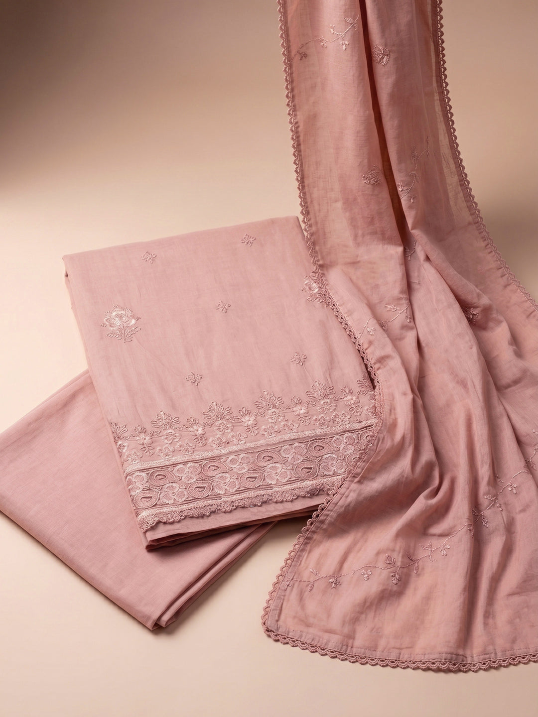Peach Embroidered Cotton Blend Unstitched Suit &amp; Pant With Cotton Dupatta