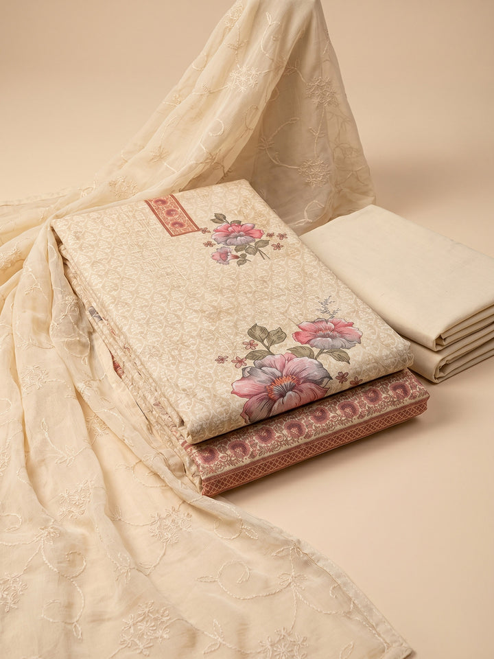 Beige Printed Cotton Blend Unstitched Suit &amp; Pant With Cotton Dupatta