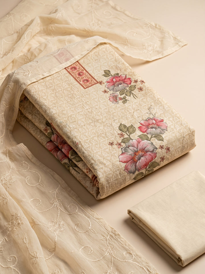 Beige Printed Cotton Blend Unstitched Suit &amp; Pant With Cotton Dupatta