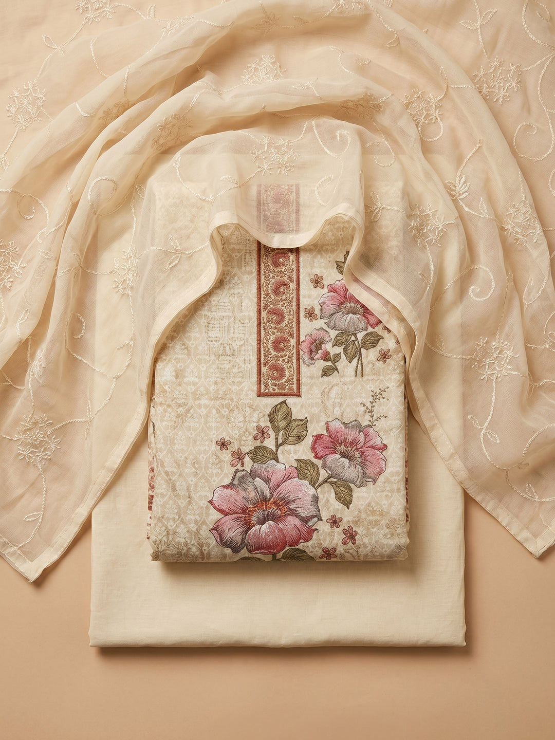 Beige Printed Cotton Blend Unstitched Suit &amp; Pant With Cotton Dupatta