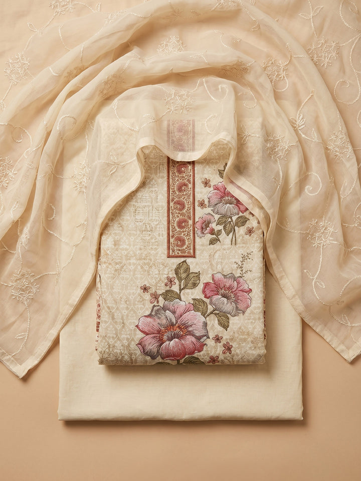 Beige Printed Cotton Blend Unstitched Suit &amp; Pant With Cotton Dupatta