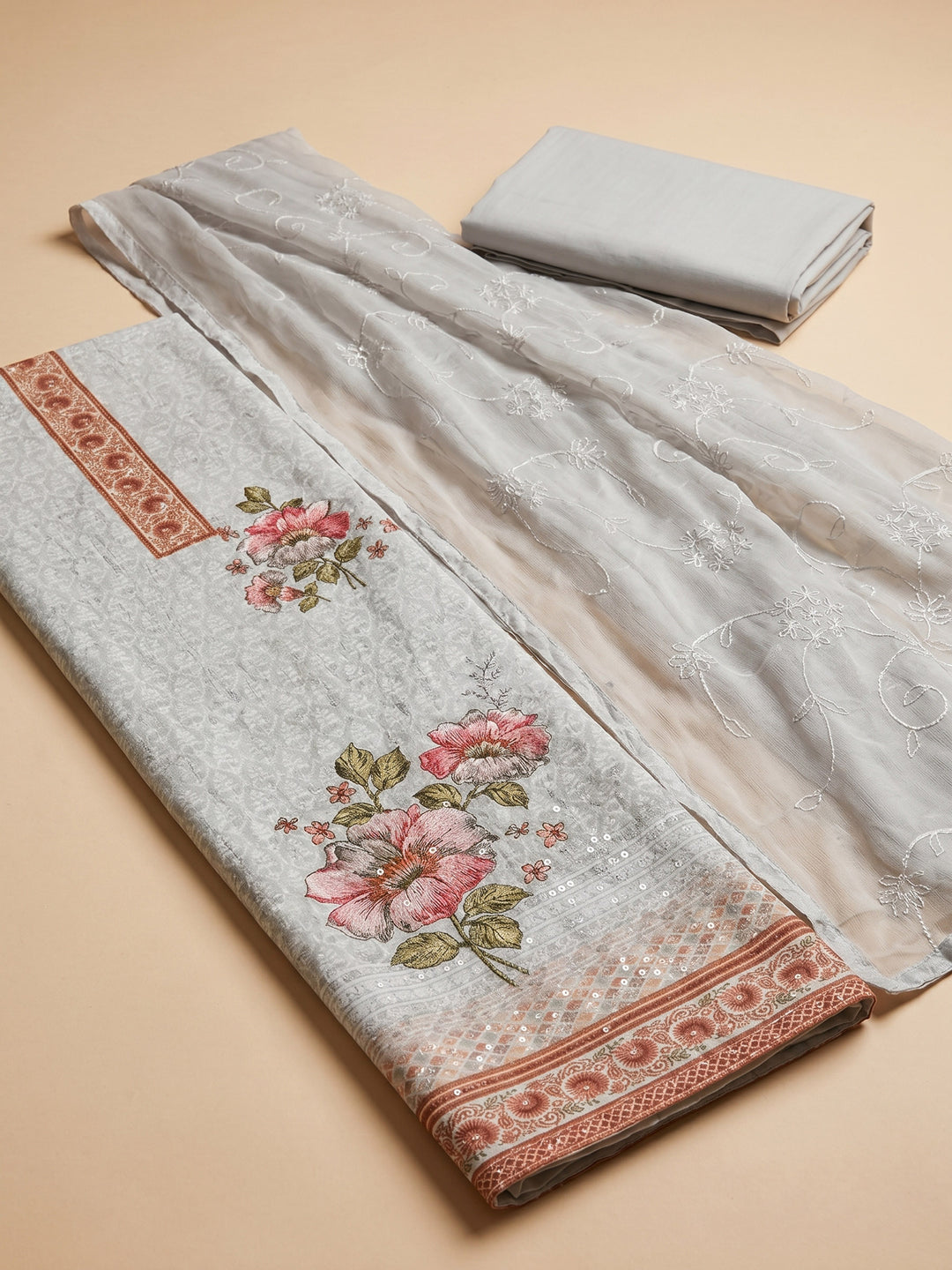 Grey Printed Cotton Blend Unstitched Suit &amp; Pant With Cotton Dupatta