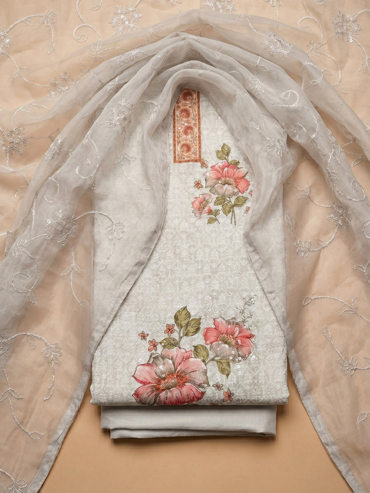 Grey Printed Cotton Blend Unstitched Suit &amp; Pant With Cotton Dupatta