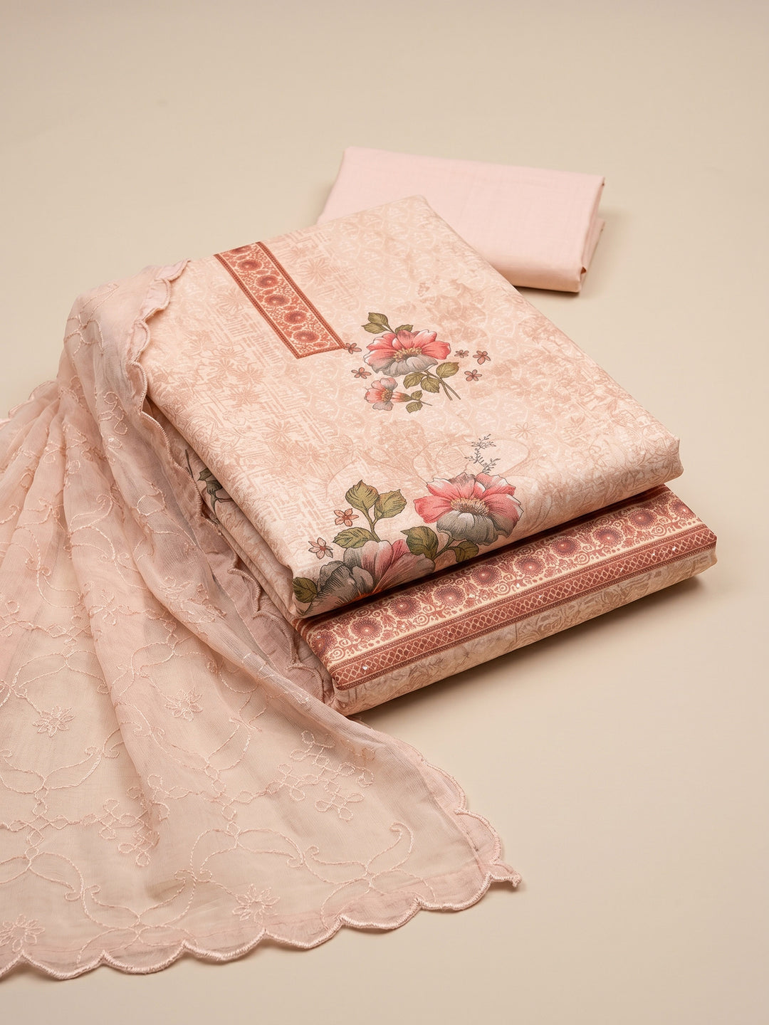 Peach Printed Cotton Blend Unstitched Suit &amp; Pant With Cotton Dupatta