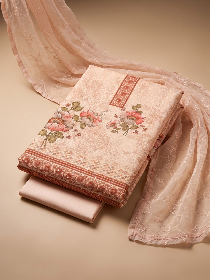 Peach Printed Cotton Blend Unstitched Suit &amp; Pant With Cotton Dupatta