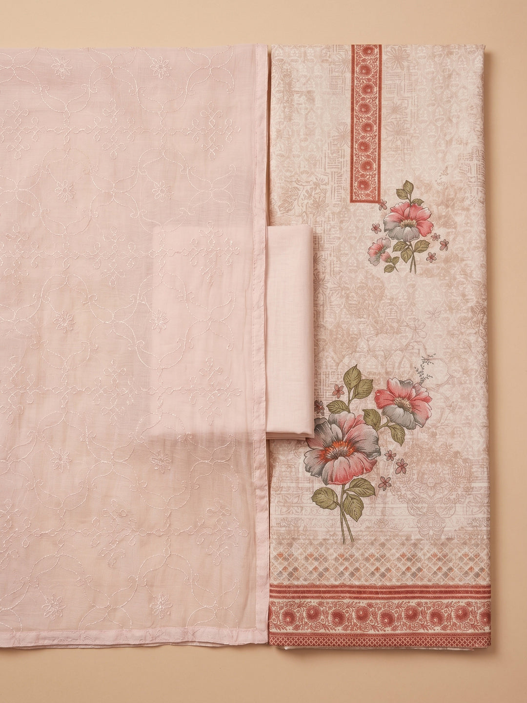 Peach Printed Cotton Blend Unstitched Suit &amp; Pant With Cotton Dupatta