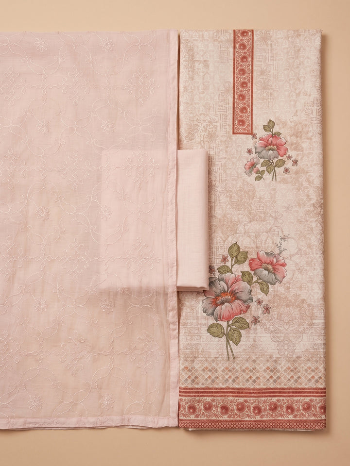 Peach Printed Cotton Blend Unstitched Suit &amp; Pant With Cotton Dupatta