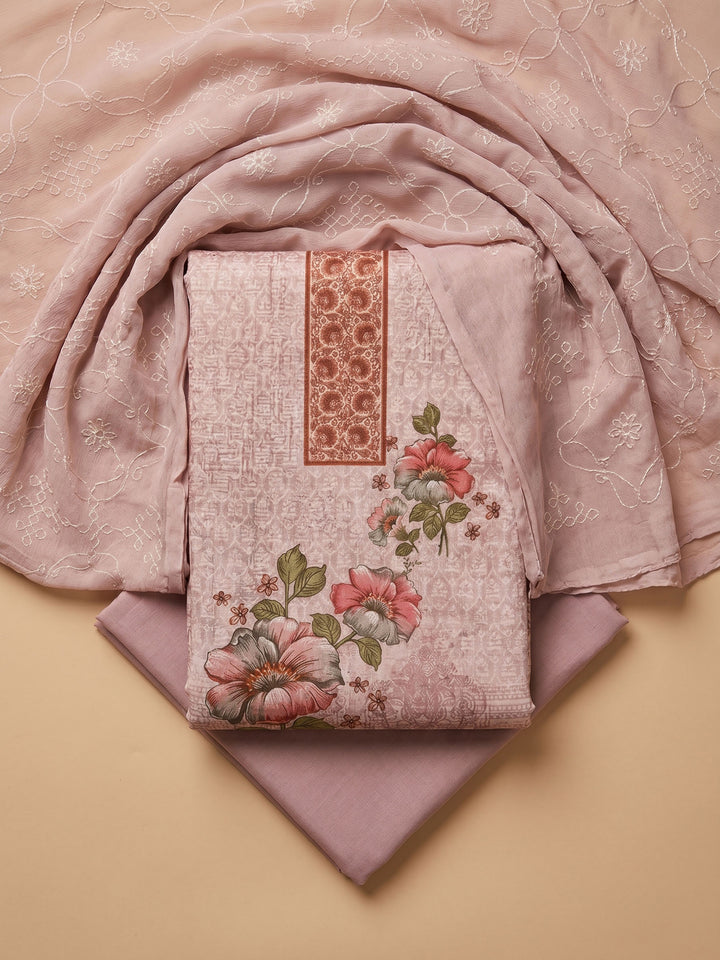 Pink Printed Cotton Blend Unstitched Suit &amp; Pant With Cotton Dupatta
