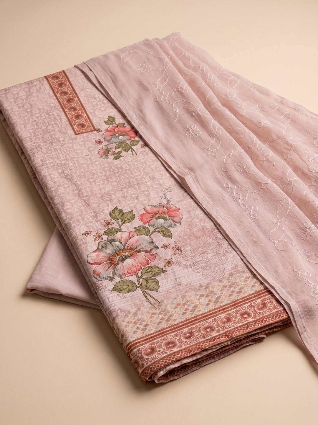 Pink Printed Cotton Blend Unstitched Suit &amp; Pant With Cotton Dupatta