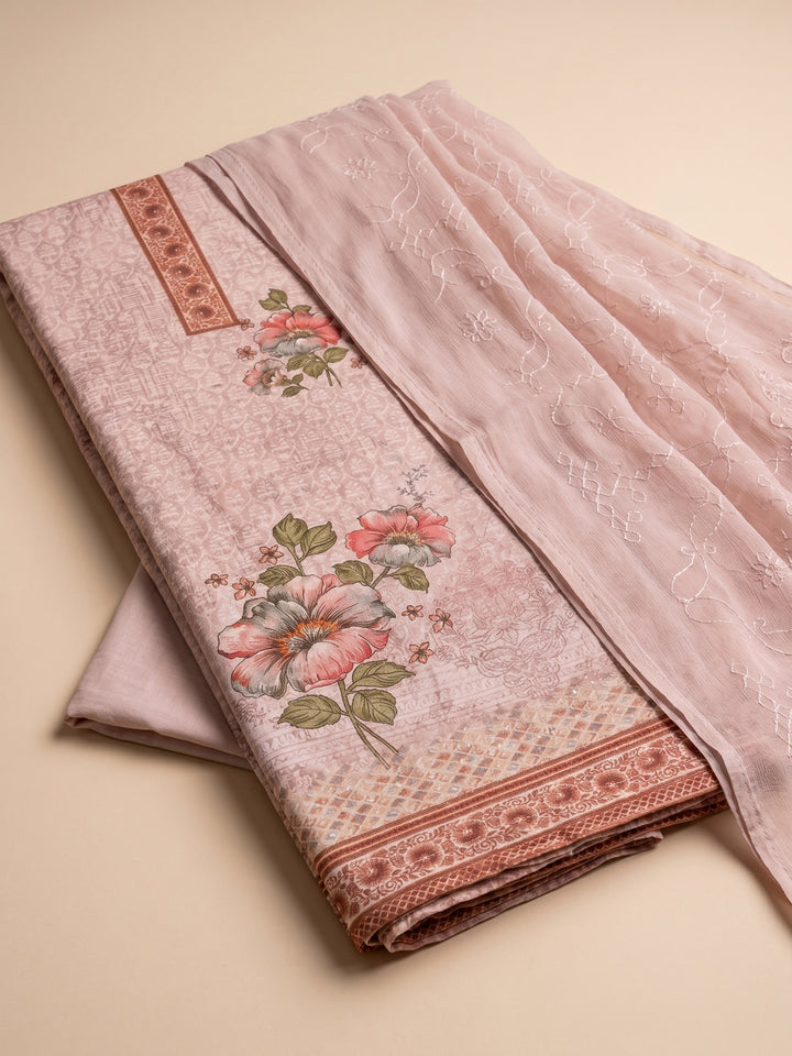 Pink Printed Cotton Blend Unstitched Suit &amp; Pant With Cotton Dupatta
