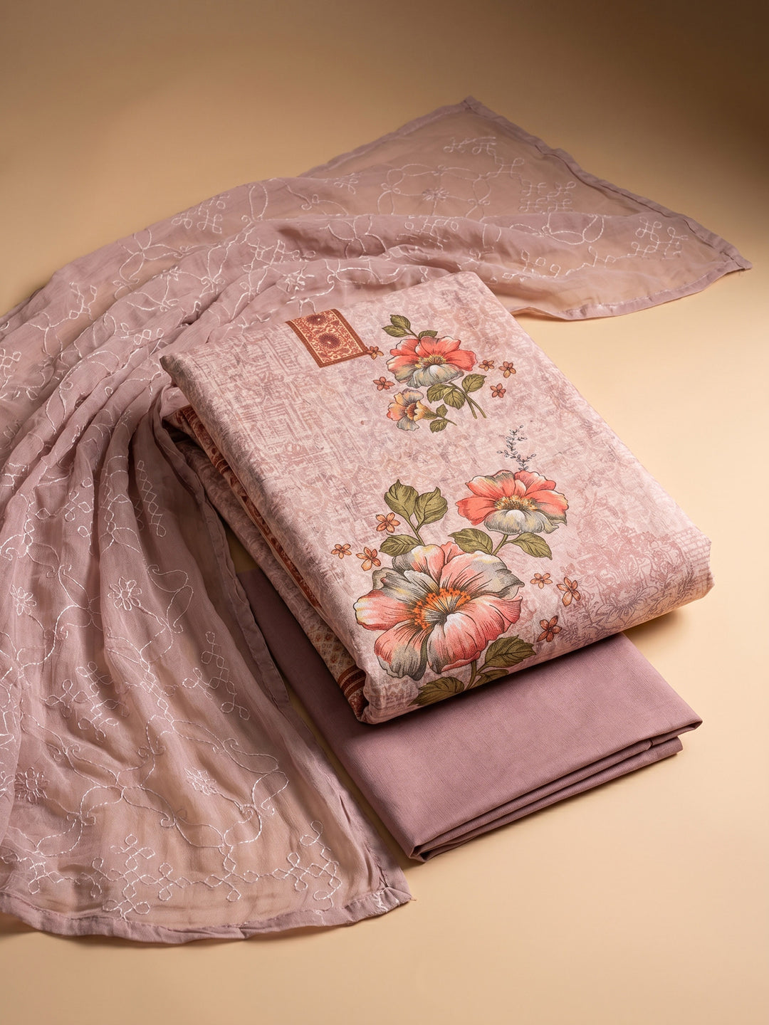 Pink Printed Cotton Blend Unstitched Suit &amp; Pant With Cotton Dupatta