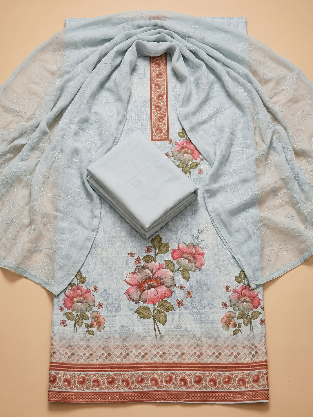 Sea Green Printed Cotton Blend Unstitched Suit &amp; Pant With Cotton Dupatta
