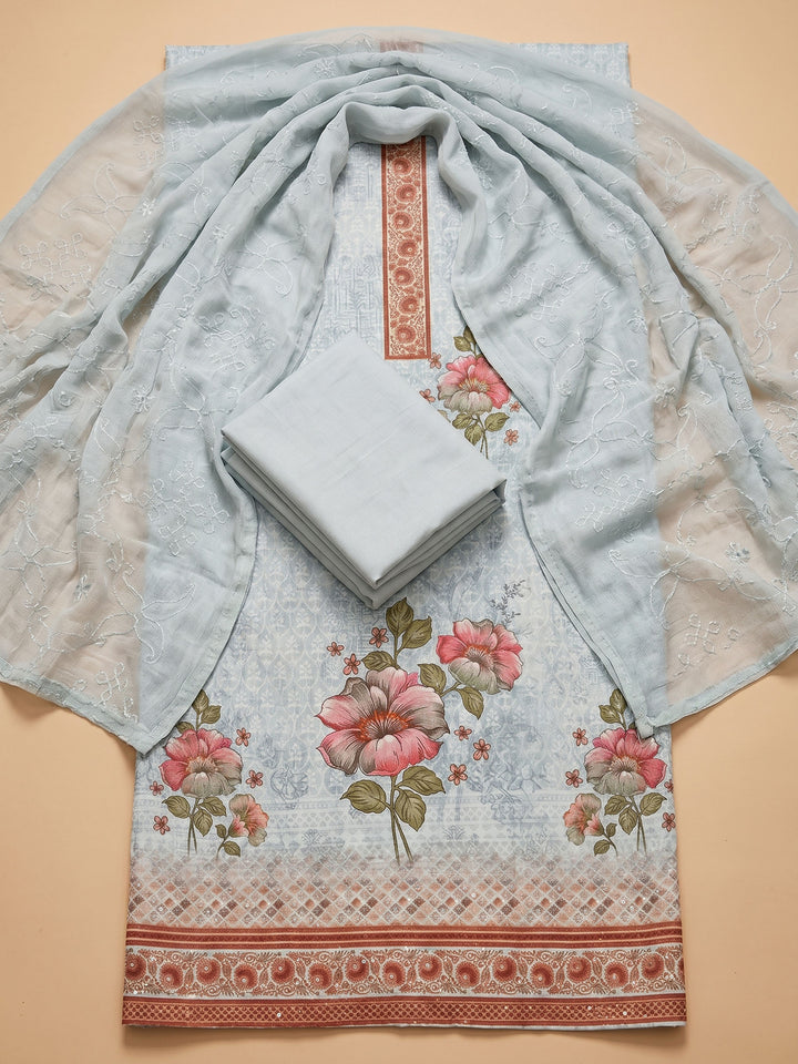 Sea Green Printed Cotton Blend Unstitched Suit &amp; Pant With Cotton Dupatta