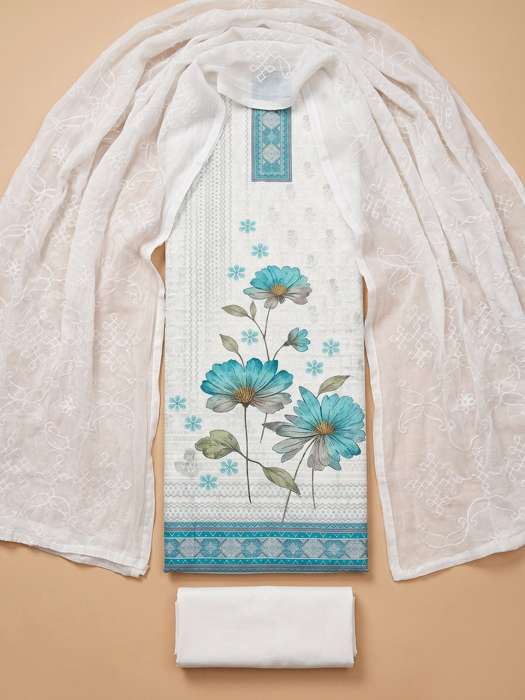 Firozee Embroidered Cotton Blend Unstitched Suit &amp; Pant With Cotton Dupatta