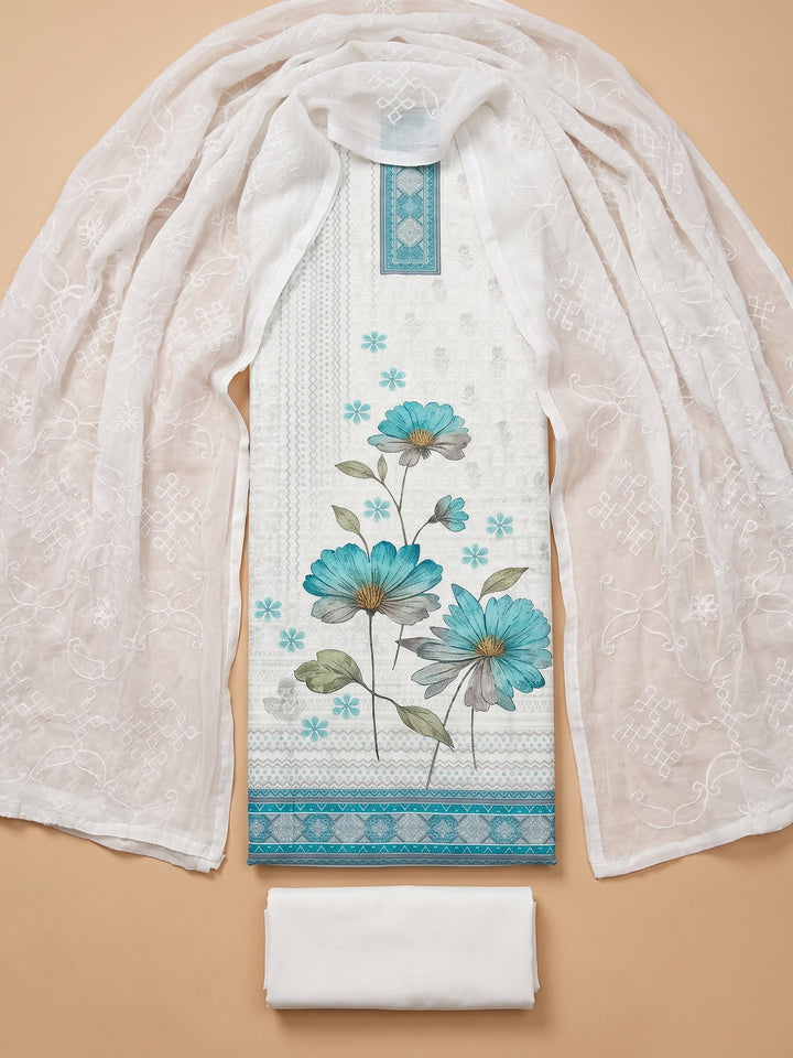 Firozee Embroidered Cotton Blend Unstitched Suit &amp; Pant With Cotton Dupatta