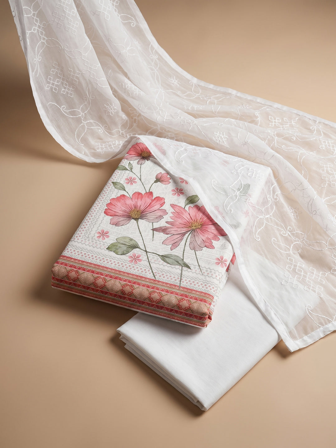 Peach Embroidered Cotton Blend Unstitched Suit &amp; Pant With Cotton Dupatta