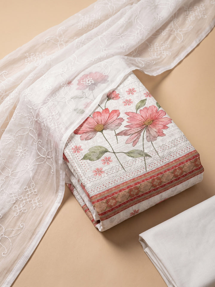 Peach Embroidered Cotton Blend Unstitched Suit &amp; Pant With Cotton Dupatta
