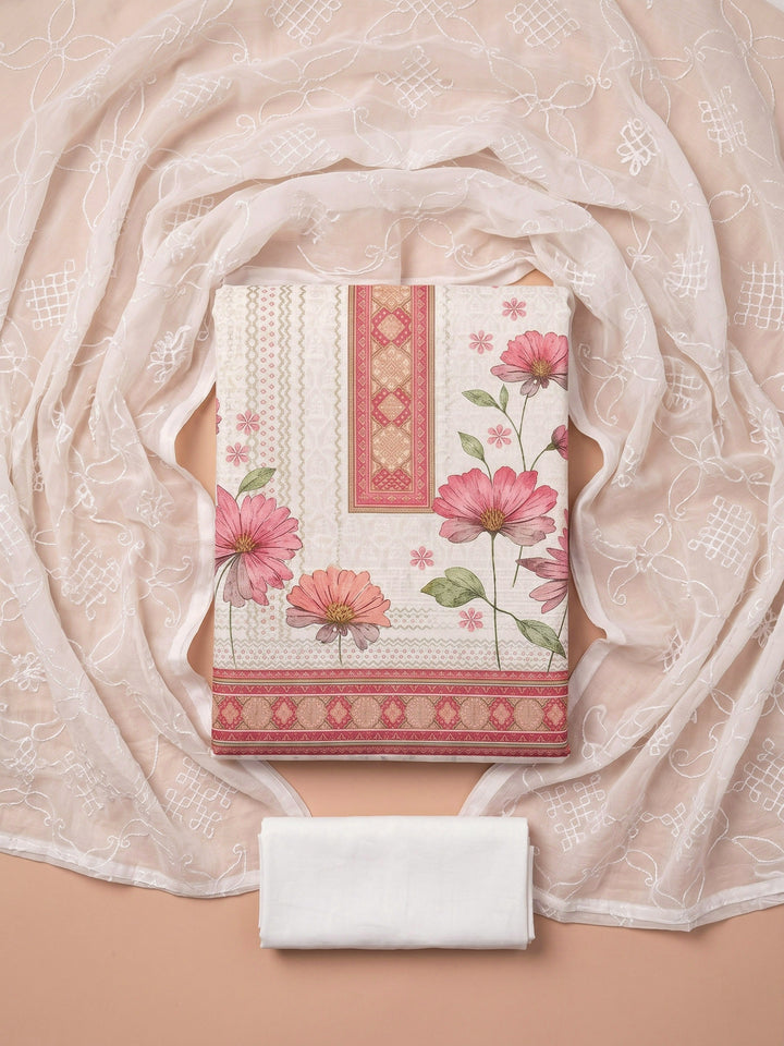 Peach Embroidered Cotton Blend Unstitched Suit &amp; Pant With Cotton Dupatta