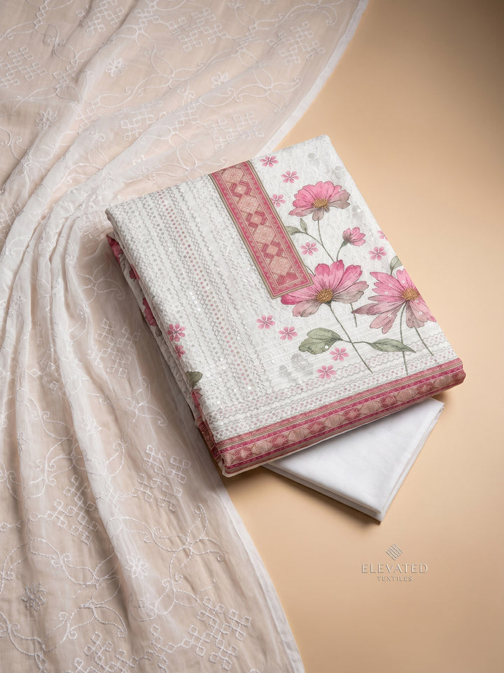 Pink Embroidered Cotton Blend Unstitched Suit &amp; Pant With Cotton Dupatta