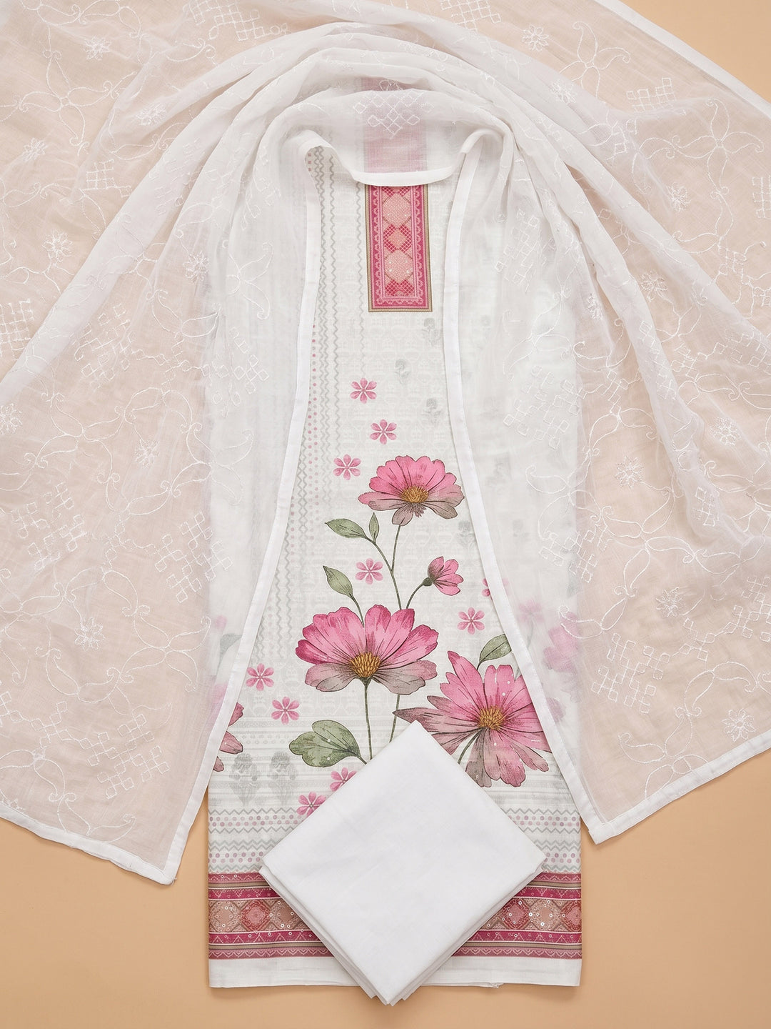 Pink Embroidered Cotton Blend Unstitched Suit &amp; Pant With Cotton Dupatta
