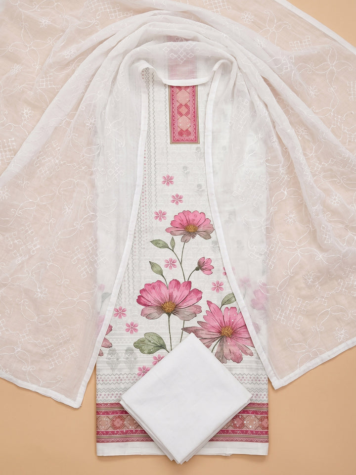 Pink Embroidered Cotton Blend Unstitched Suit &amp; Pant With Cotton Dupatta
