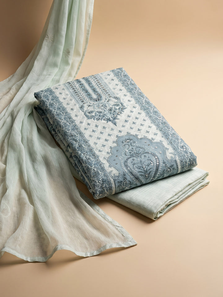 Blue Printed Cotton Blend Unstitched Suit &amp; Pant With Cotton Dupatta