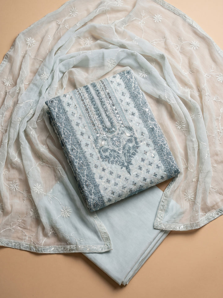 Blue Printed Cotton Blend Unstitched Suit &amp; Pant With Cotton Dupatta