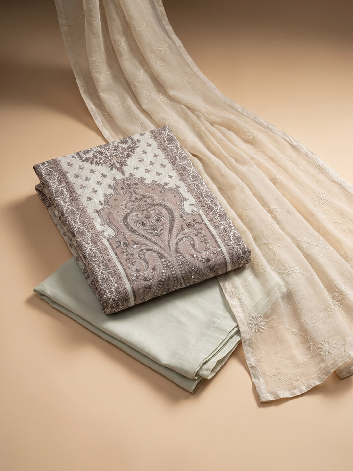Brown Printed Cotton Blend Unstitched Suit &amp; Pant With Cotton Dupatta