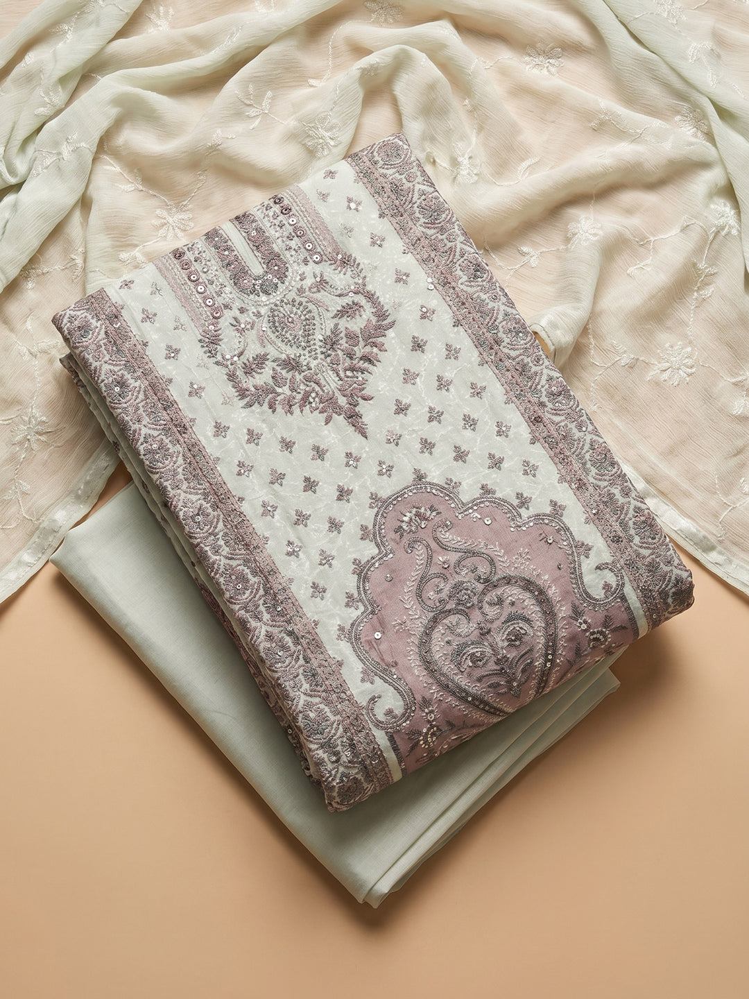 Brown Printed Cotton Blend Unstitched Suit &amp; Pant With Cotton Dupatta