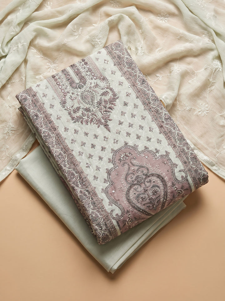 Brown Printed Cotton Blend Unstitched Suit &amp; Pant With Cotton Dupatta