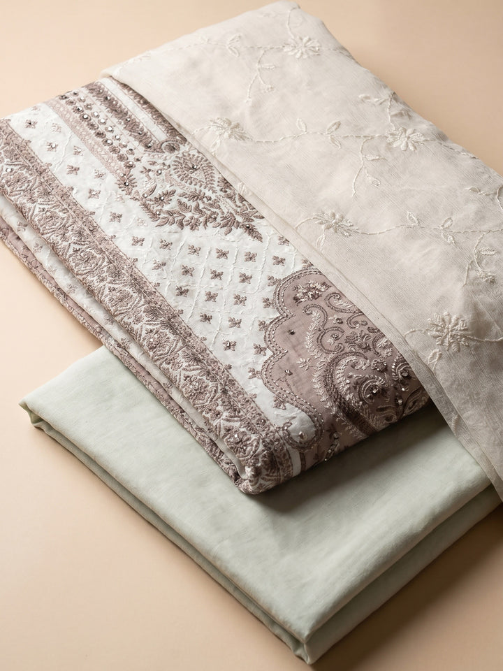 Brown Printed Cotton Blend Unstitched Suit &amp; Pant With Cotton Dupatta