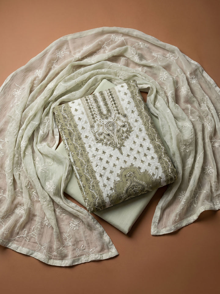 Green Printed Cotton Blend Unstitched Suit &amp; Pant With Cotton Dupatta