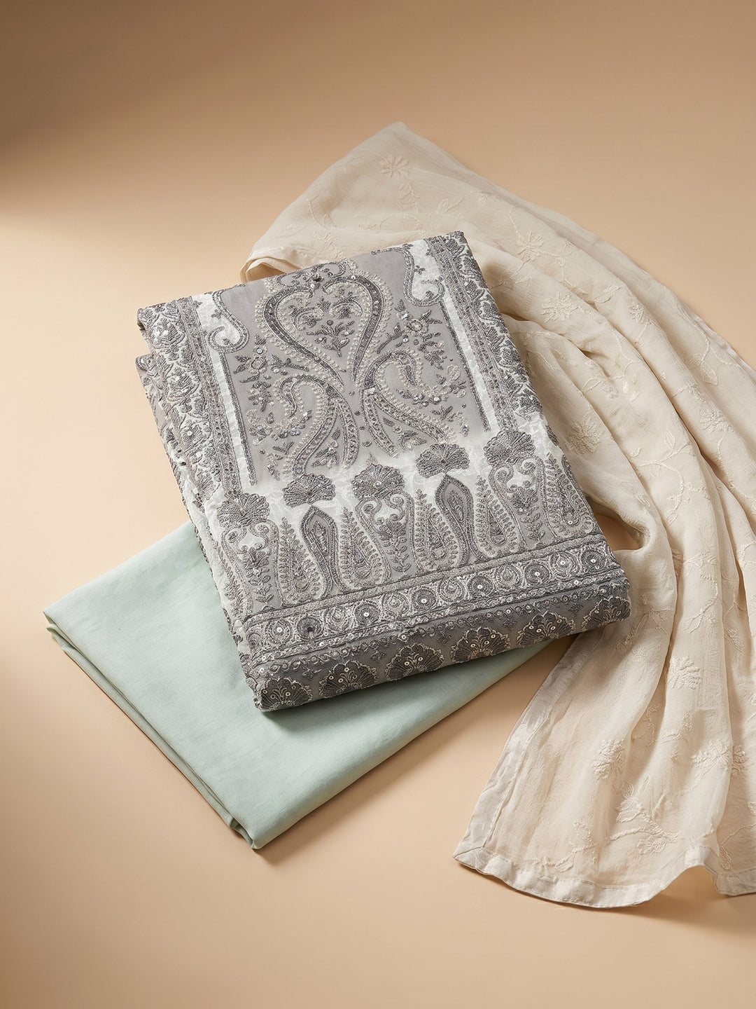 Grey Printed Cotton Blend Unstitched Suit &amp; Pant With Cotton Dupatta