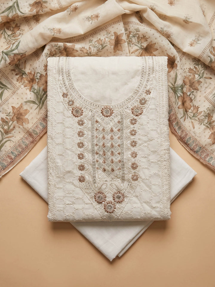 Cream Brown Embroidered Cotton Blend Unstitched Suit &amp; Pant With Cotton Dupatta