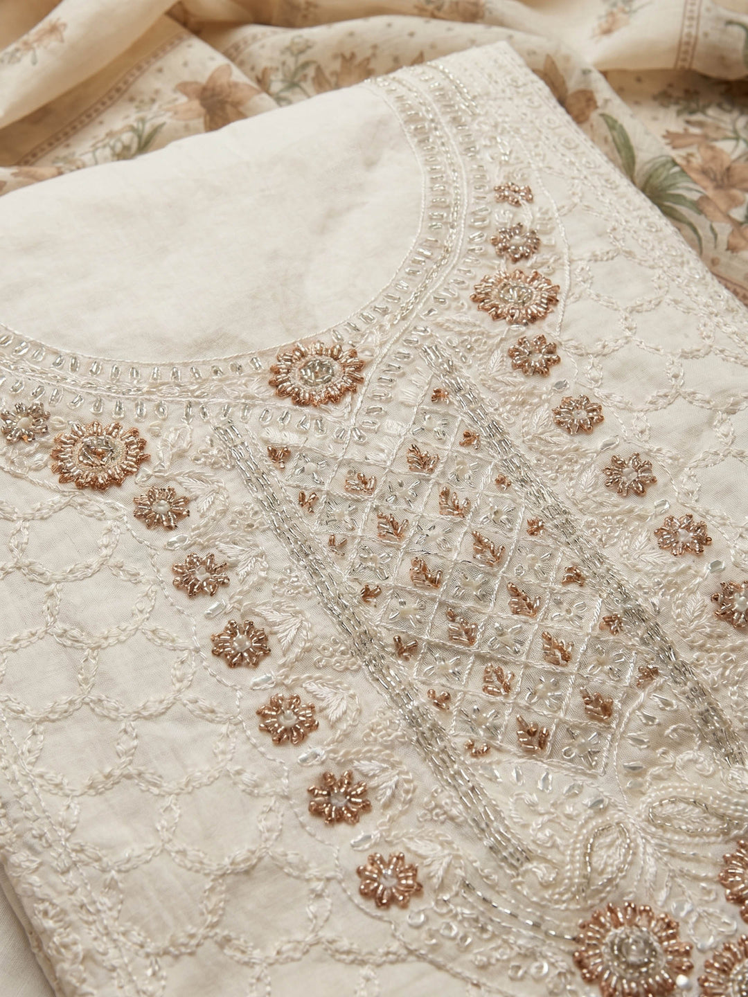 Cream Brown Embroidered Cotton Blend Unstitched Suit &amp; Pant With Cotton Dupatta