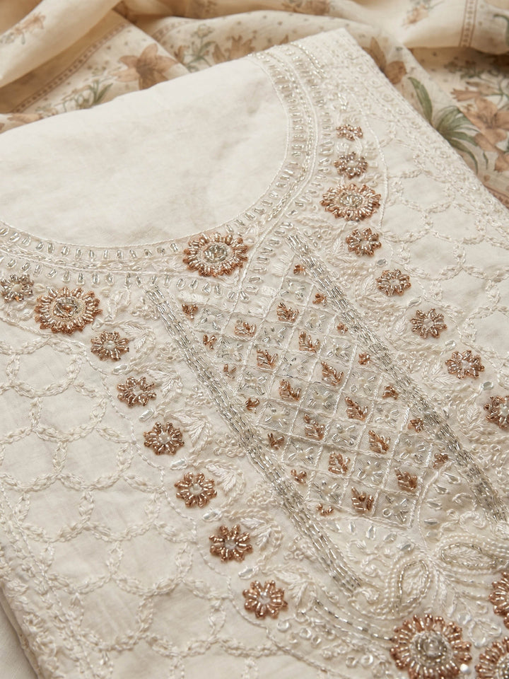 Cream Brown Embroidered Cotton Blend Unstitched Suit &amp; Pant With Cotton Dupatta