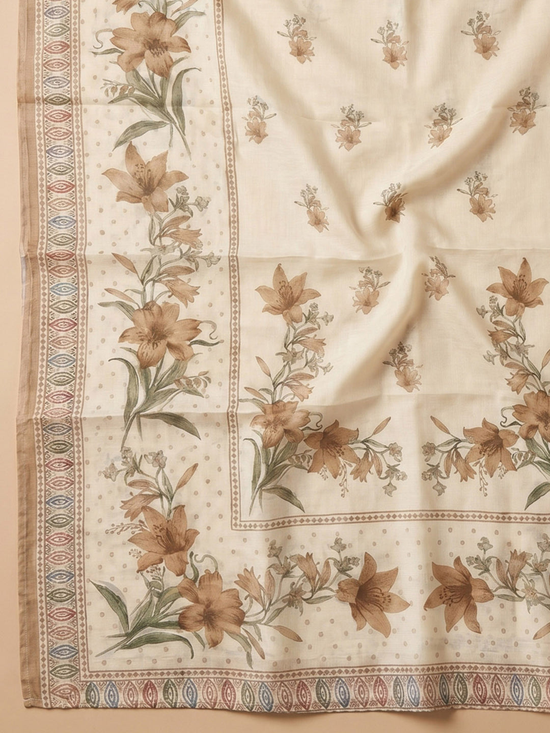 Cream Brown Embroidered Cotton Blend Unstitched Suit &amp; Pant With Cotton Dupatta