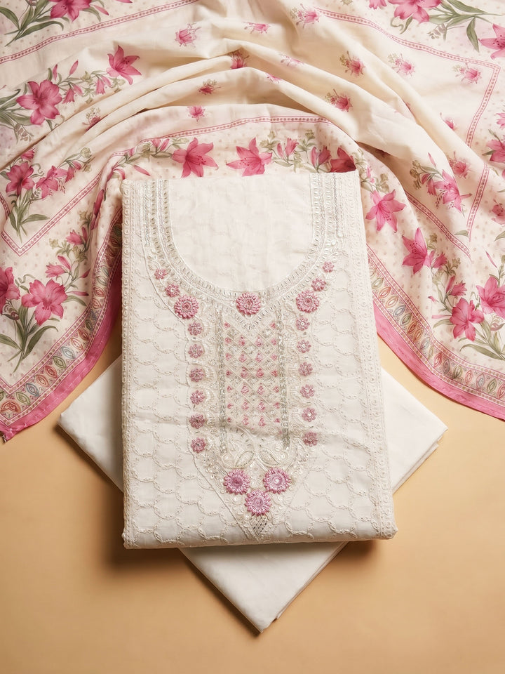 Cream Pink Embroidered Cotton Blend Unstitched Suit &amp; Pant With Cotton Dupatta