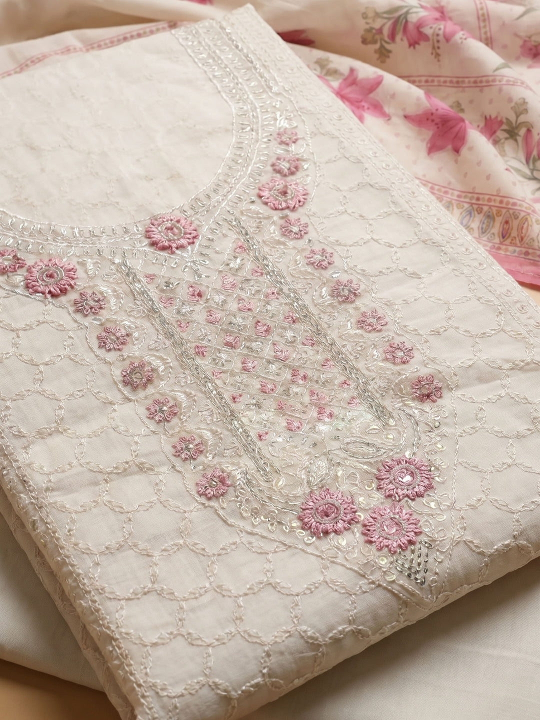 Cream Pink Embroidered Cotton Blend Unstitched Suit &amp; Pant With Cotton Dupatta