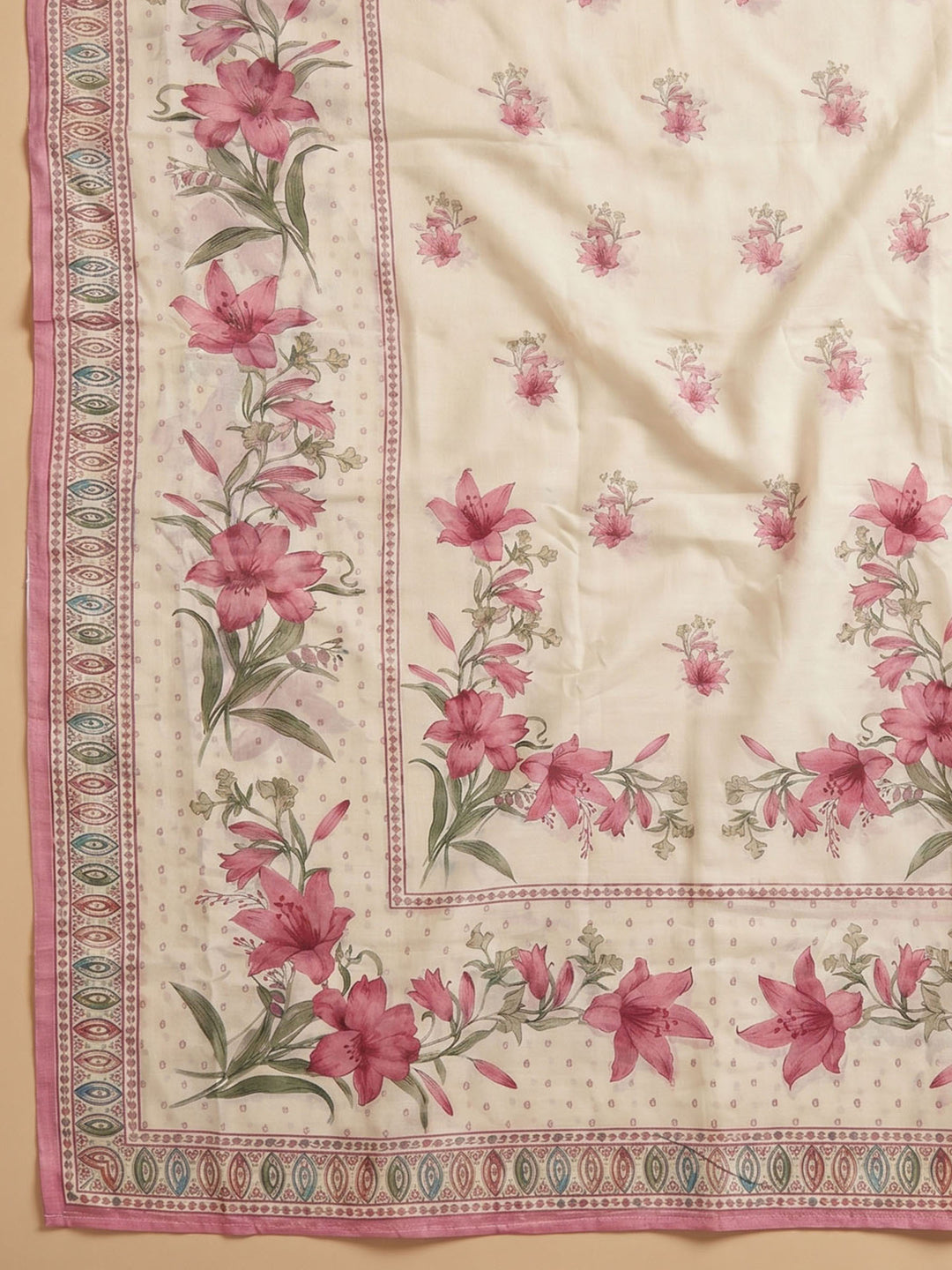 Cream Pink Embroidered Cotton Blend Unstitched Suit &amp; Pant With Cotton Dupatta