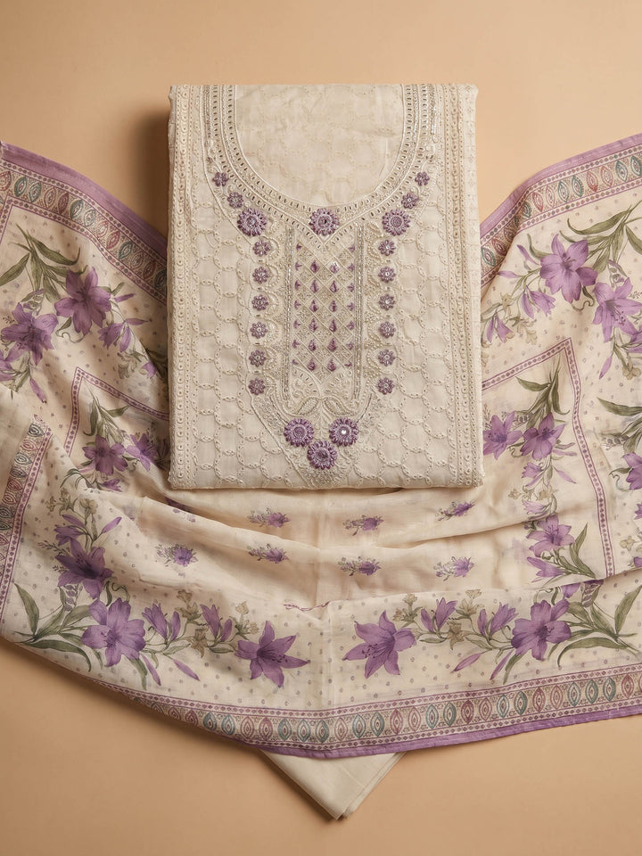 Cream Purple Embroidered Cotton Blend Unstitched Suit &amp; Pant With Cotton Dupatta