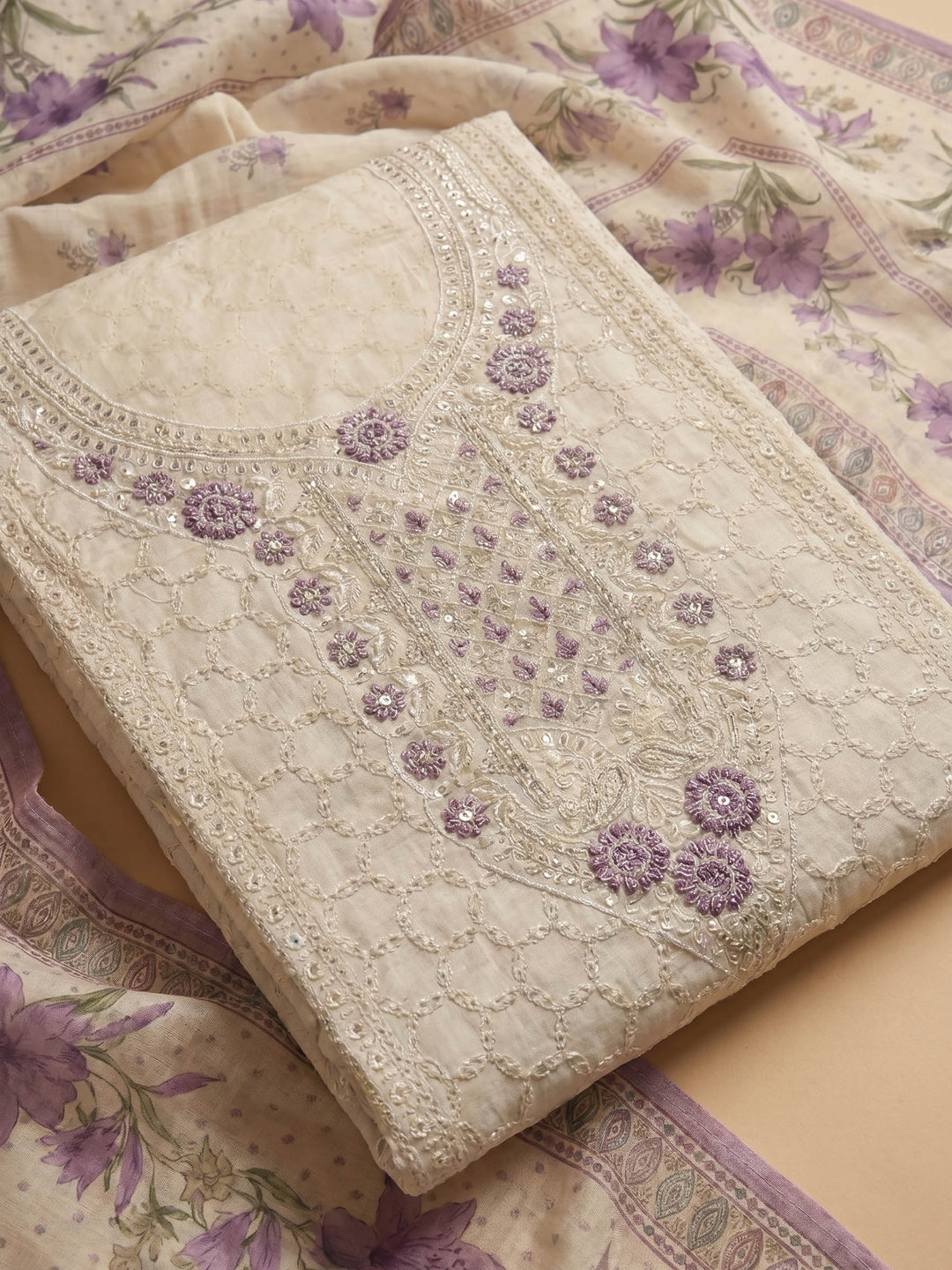 Cream Purple Embroidered Cotton Blend Unstitched Suit &amp; Pant With Cotton Dupatta