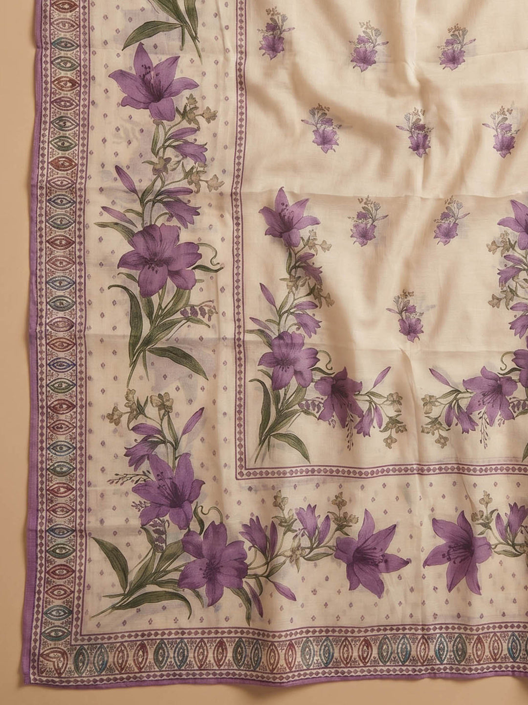 Cream Purple Embroidered Cotton Blend Unstitched Suit &amp; Pant With Cotton Dupatta