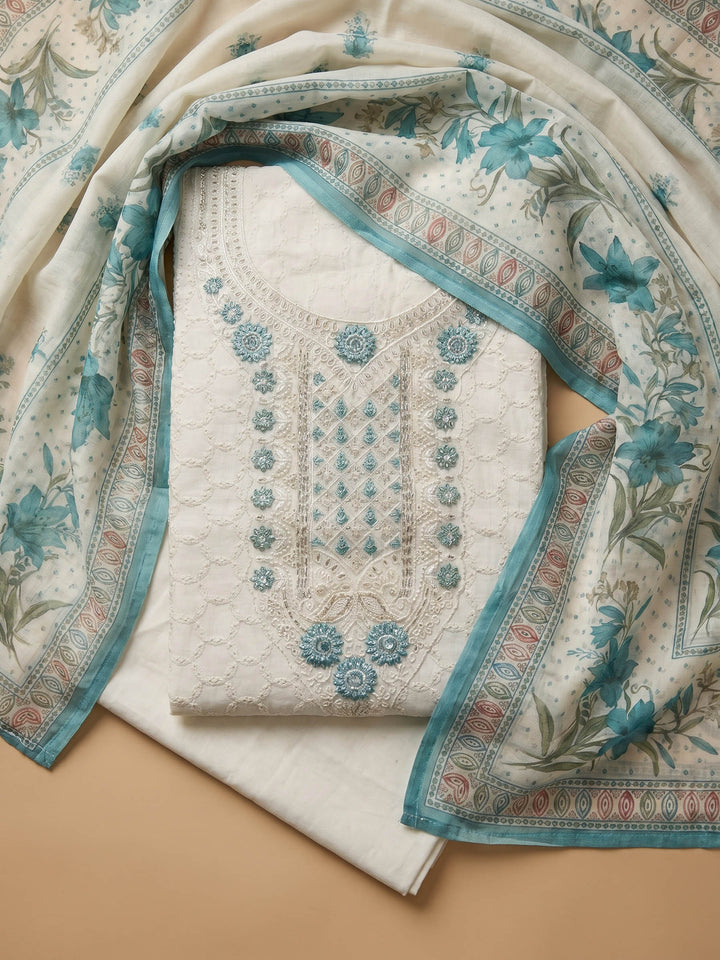 Cream Sea Green Embroidered Cotton Blend Unstitched Suit &amp; Pant With Cotton Dupatta