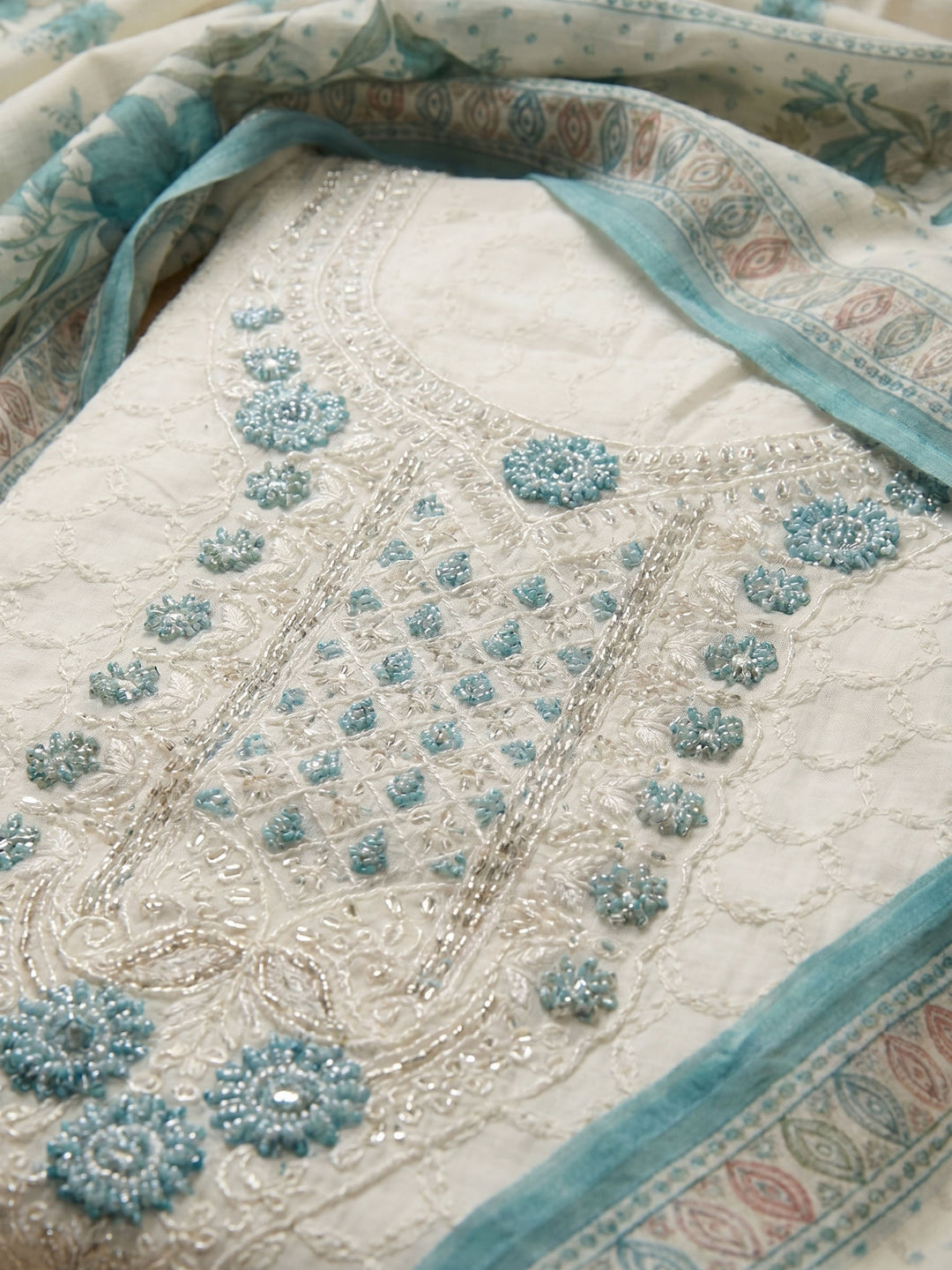 Cream Sea Green Embroidered Cotton Blend Unstitched Suit &amp; Pant With Cotton Dupatta