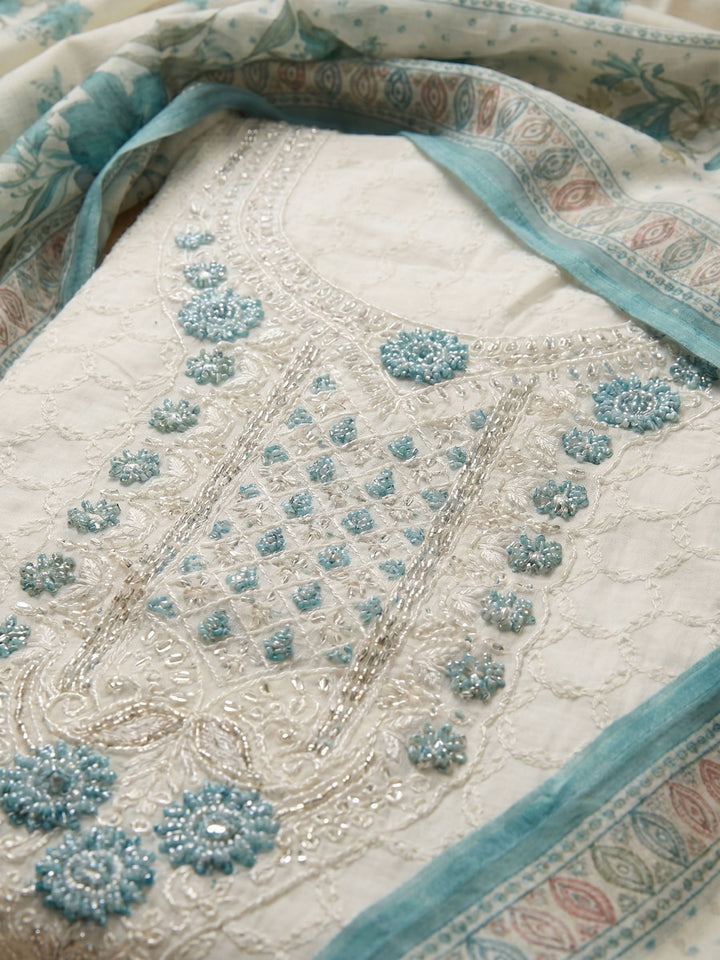 Cream Sea Green Embroidered Cotton Blend Unstitched Suit &amp; Pant With Cotton Dupatta